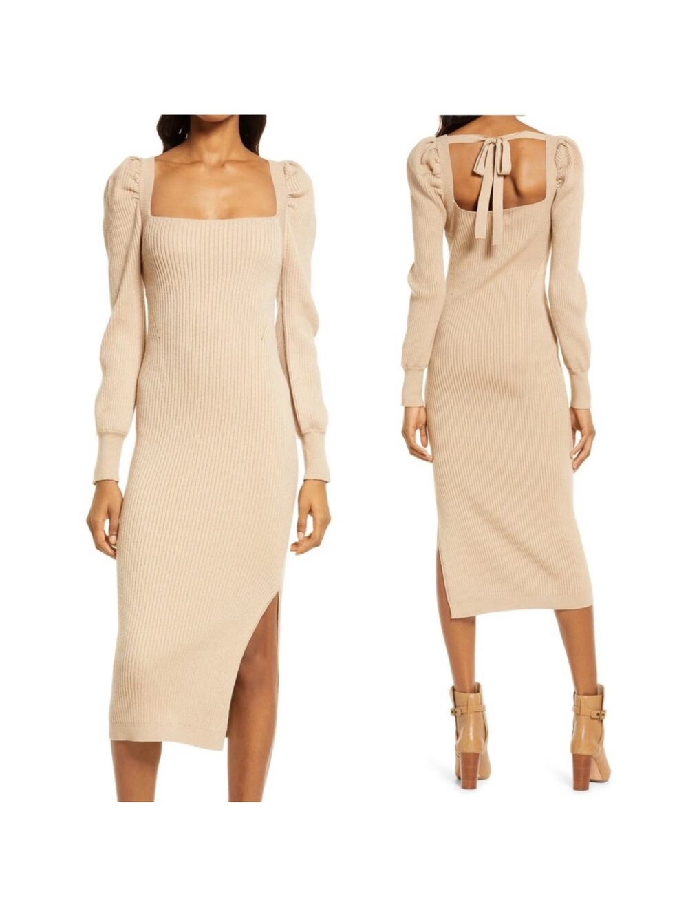 Charles Henry Beige Ribbed Midi Dress with Puff Sleeves